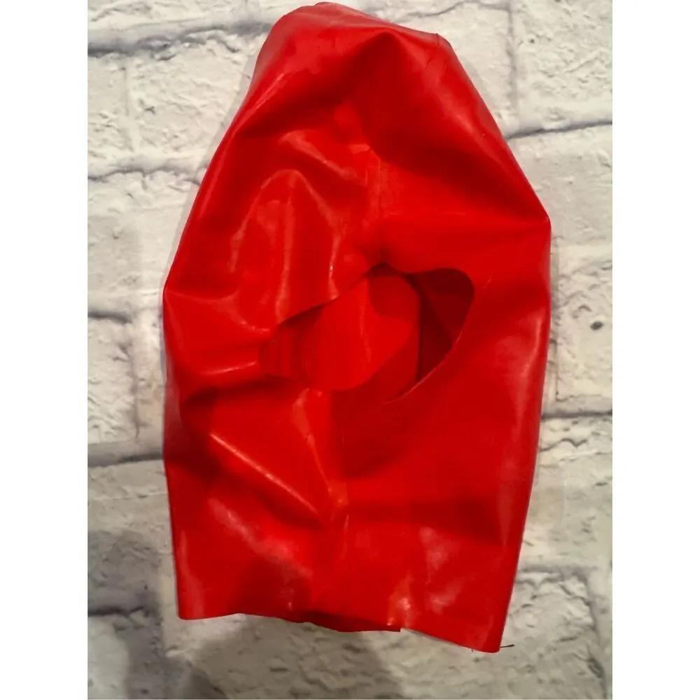 Latex hood open mouth face red size small BDSM fetish rear zipper euc
